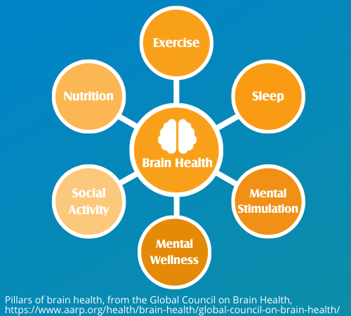 Diagram of Pillars of Health: Brain Health, Exercise, Sleep, Mental Stimulation, Mental Wellness, Social Activity, Nutrition 
