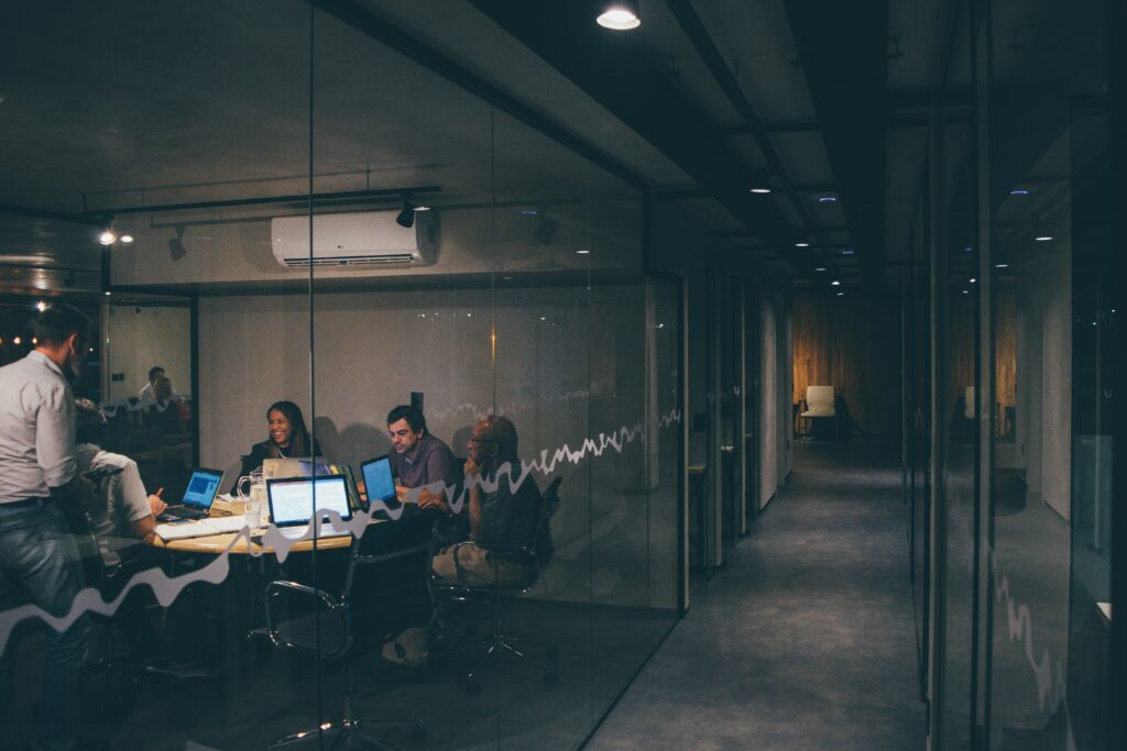 Office workers collaborating in an office.
